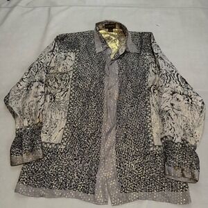VTG Silk Shirt XL Gray Gold Animal Print Tiger Lion Leopard Cheetah Big Cat-6165